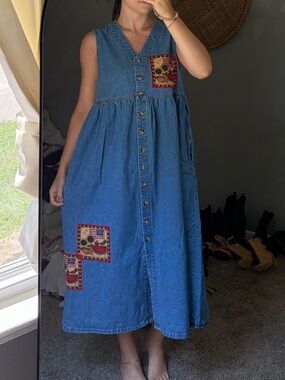 Vintage 90’s HAIK’S “Talk of America” Denim Button-Front Dress w/ Patchwork
